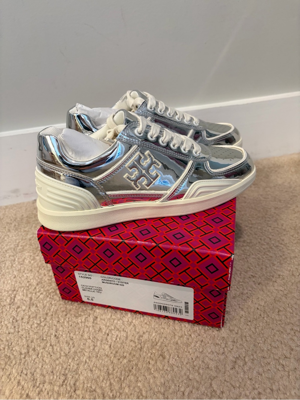 Tory Burch Metallic Silver Logo Sneakers